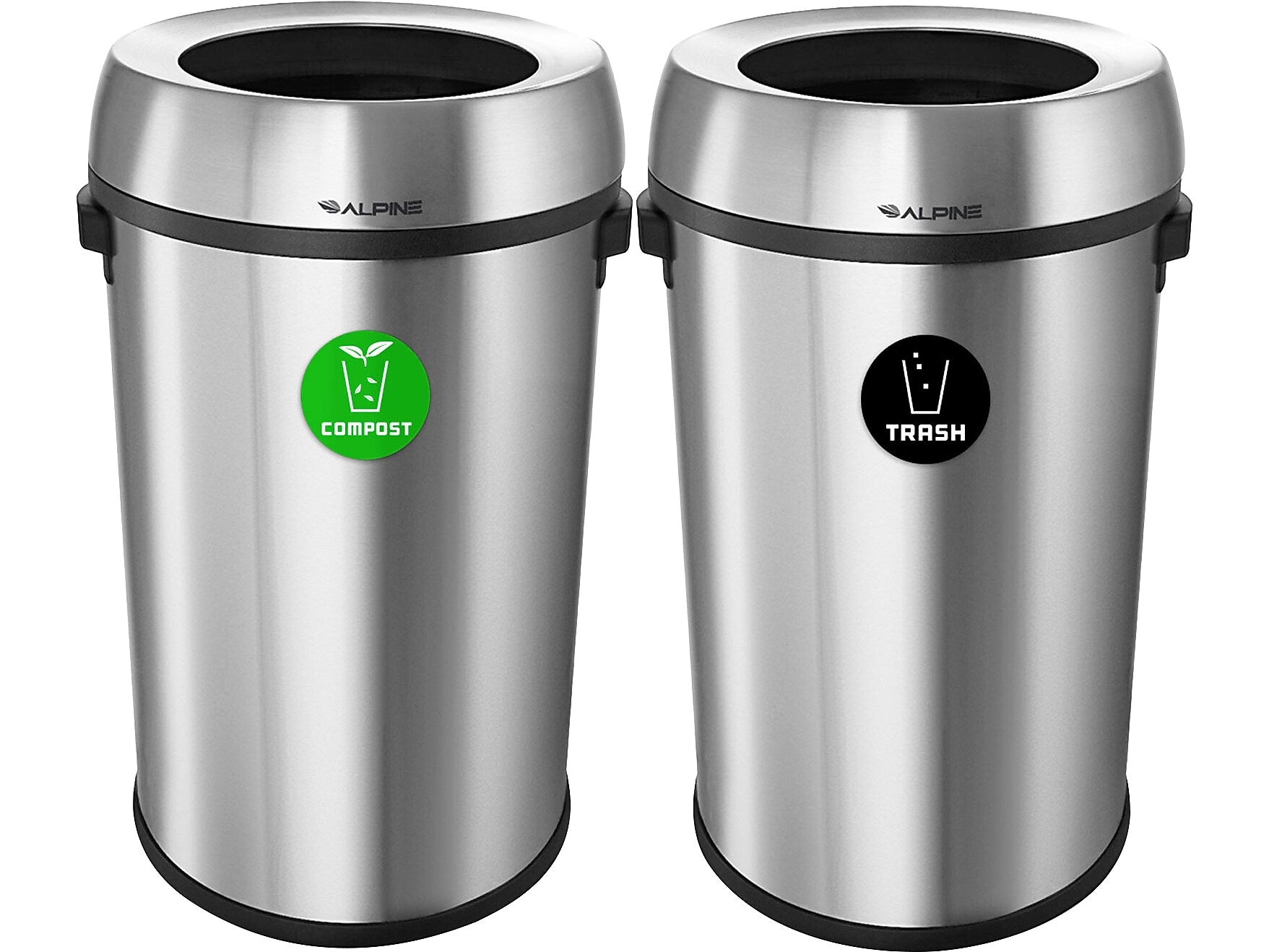 Alpine Industries Stainless Steel Compost and Trash Station with Open Lid, 34 Gallon, Silver, 2/Pack (ALP470-65L-CO-T)