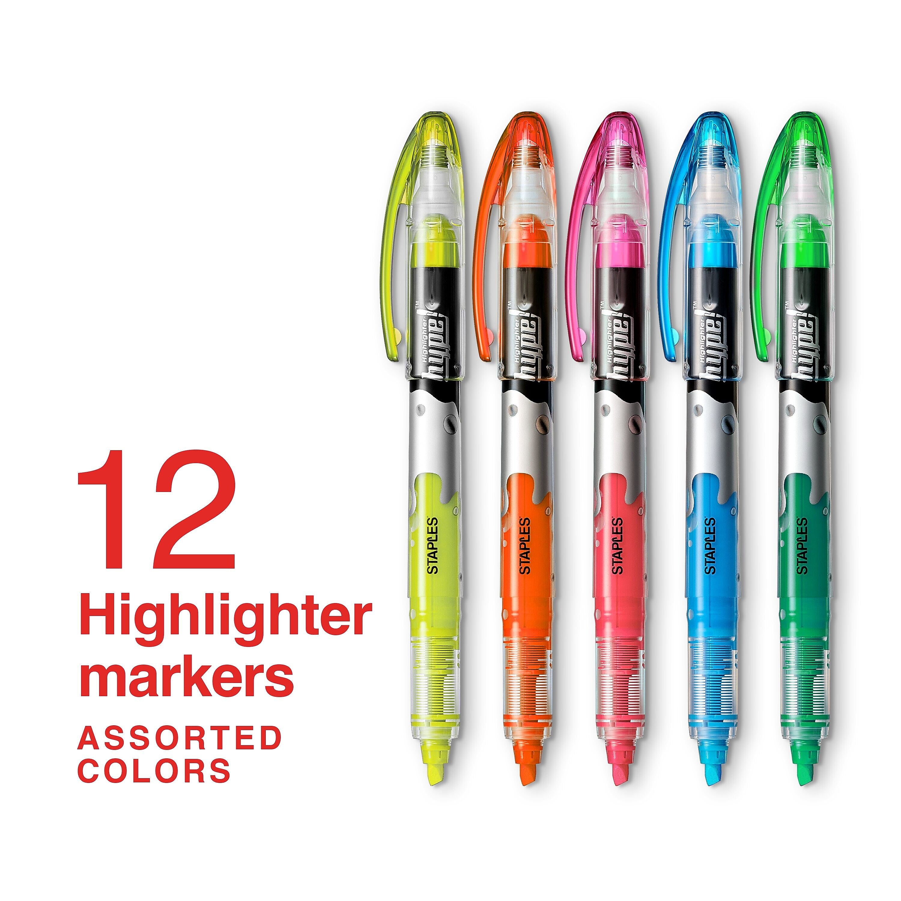 Staples Hype Stick Highlighters, Chisel Tip, Assorted, Dozen (14598)