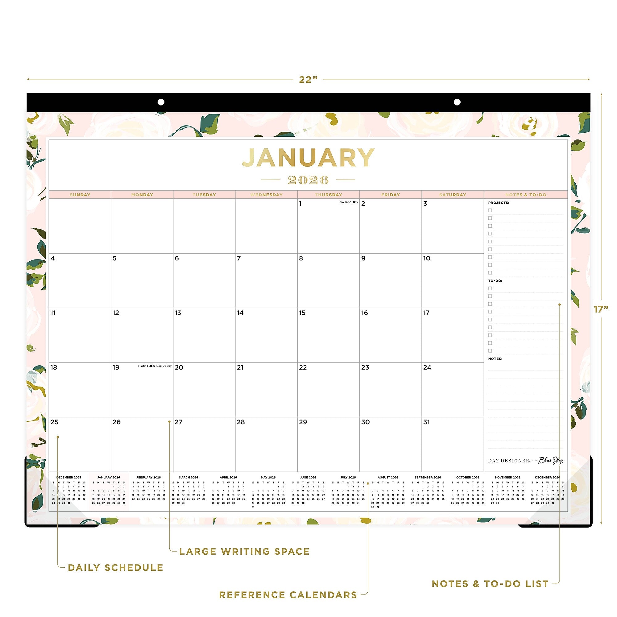 2026 Day Designer for Blue Sky Coming Up Roses Blush 22" x 17" Monthly Desk Calendar (138198-26)