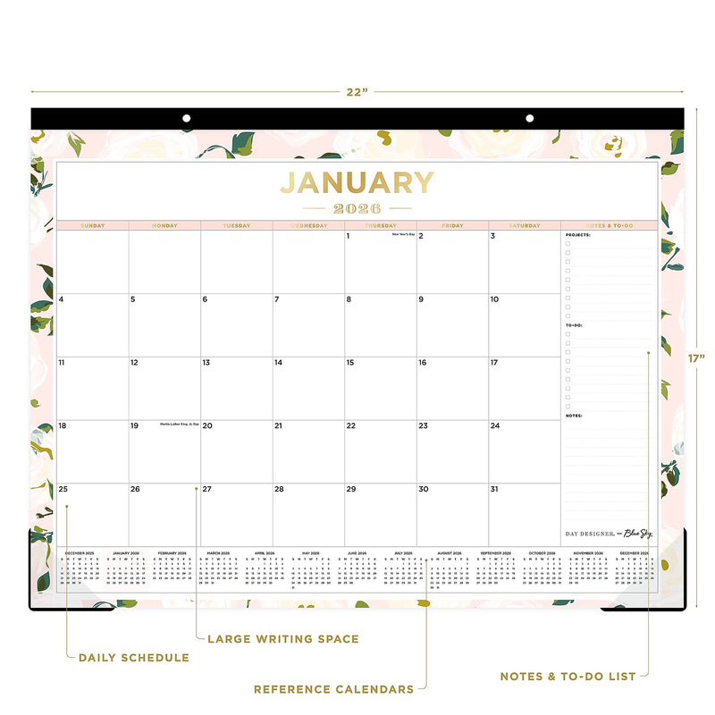 2026 Day Designer for Blue Sky Coming Up Roses Blush 22" x 17" Monthly Desk Calendar (138198-26)