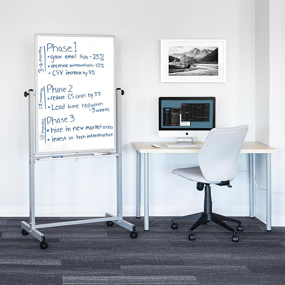 Luxor Double Sided Magnetic Porcelain Mobile Dry-Erase Whiteboard Easel, Aluminum Frame, 30"W x 40"H (DEMW001)