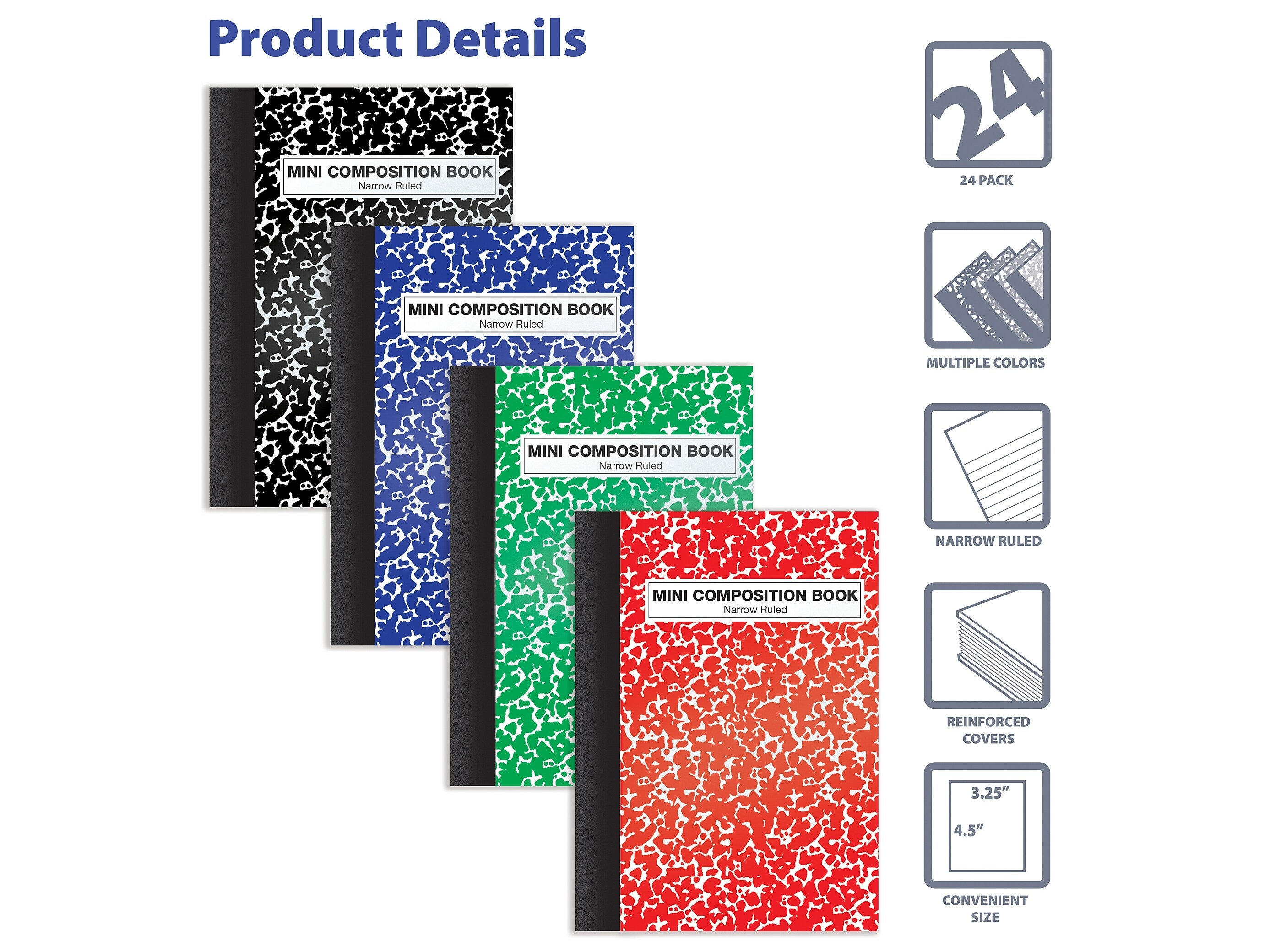 Better Office Mini Composition Notebooks, 3.25" x 4.5", Narrow Ruled, 80 Sheets, Assorted Colors, 24/Pack (25524-24PK)