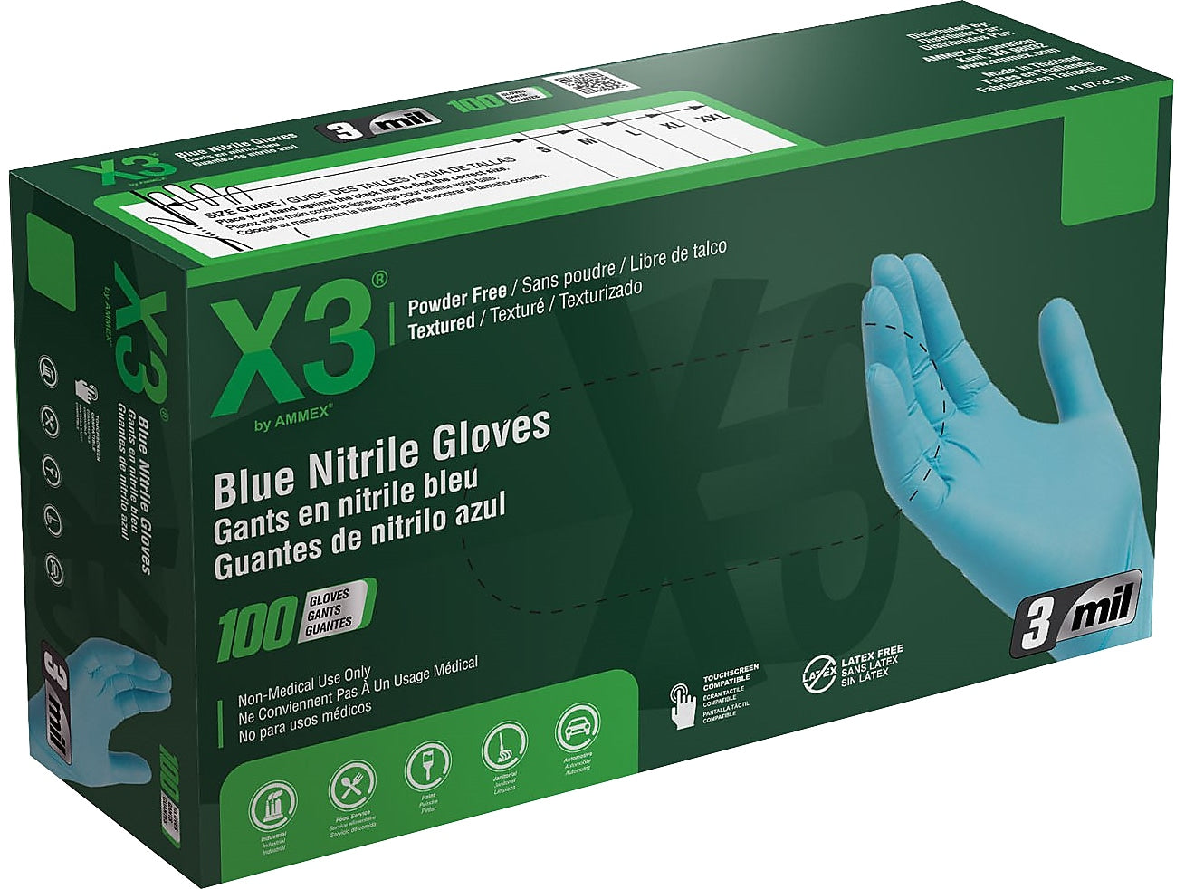 Ammex X3 Nitrile Gloves, Medium, Blue, 100/Box, 10 Boxes/Carton (X344100XX)
