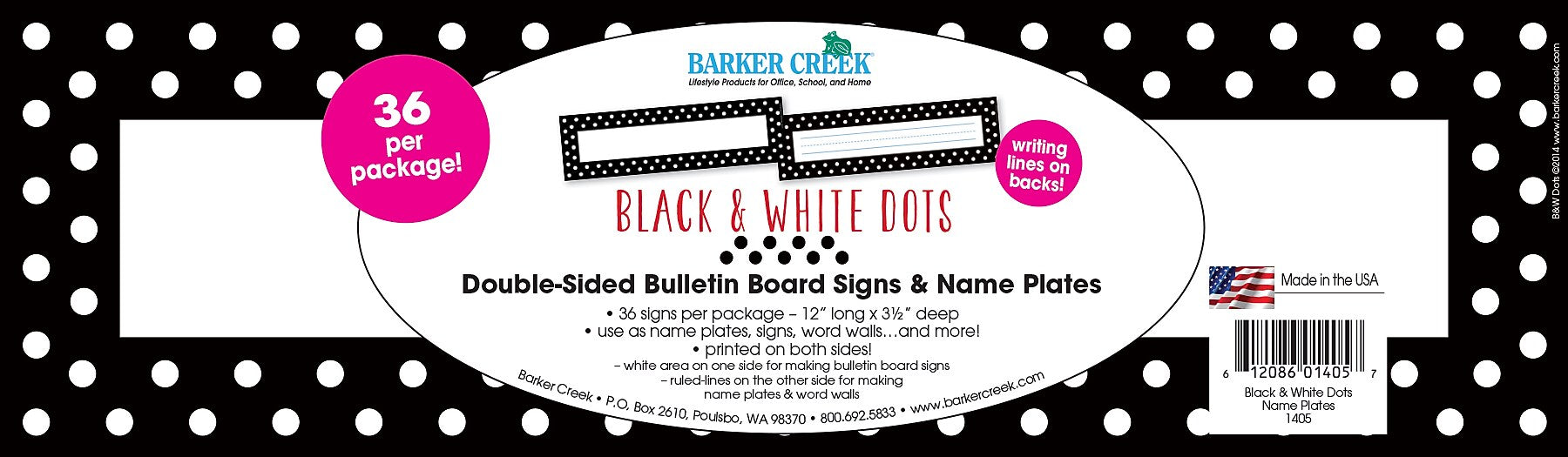 Barker Creek Black & White Dots School Name Plates, 12" x 3.5", 36/Pack (LL1405)