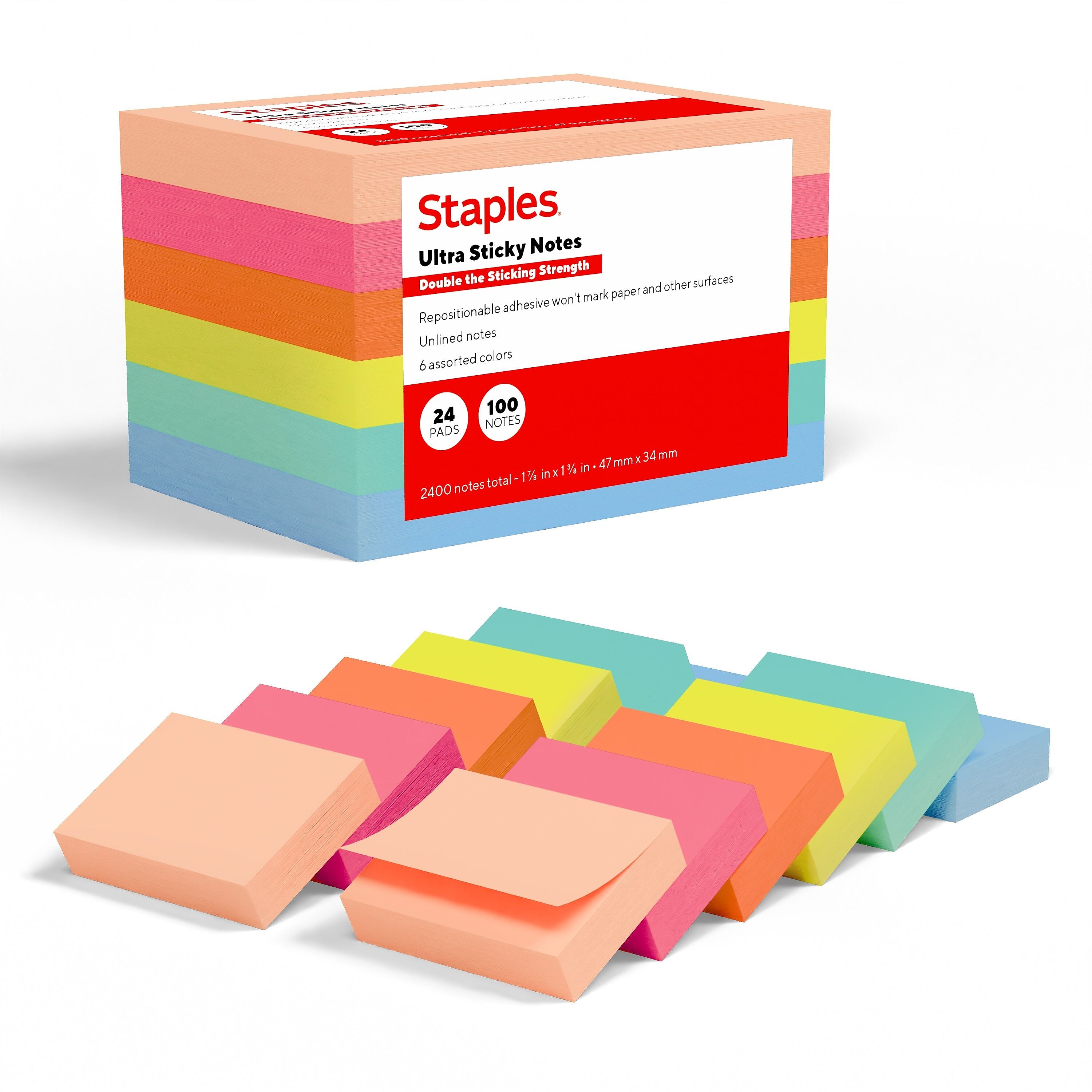 Staples Ultra Sticky Notes, 1 3/8" x 1 7/8", Golden Hour Collection, 100 Sheets/Pad, 24 Pads/Pack (ST62877)