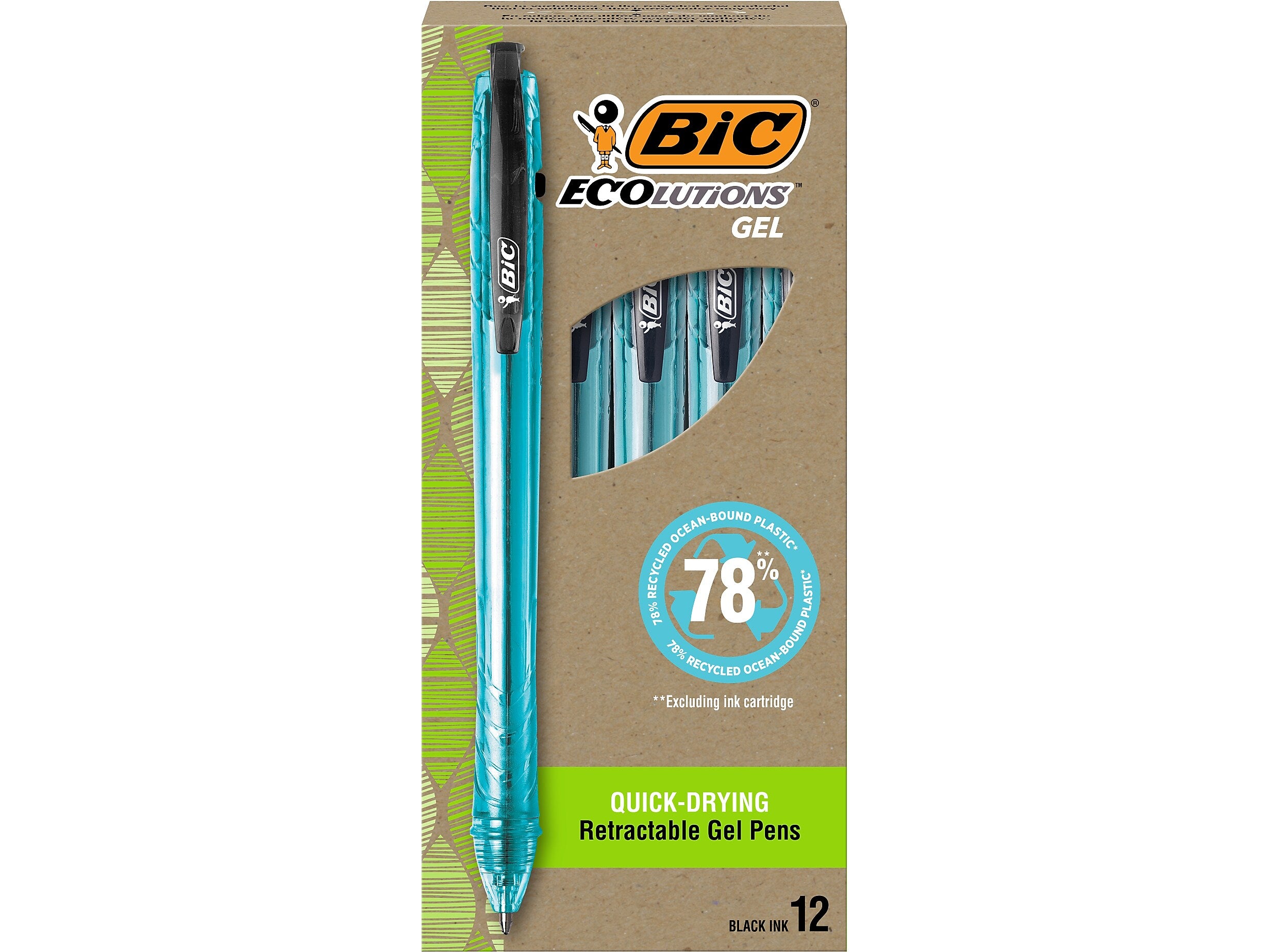 BIC ECOlutions Retractable Gel Pen, Medium Point, 1.0 mm, Black Ink, 12/Pack (RGLE11-BLK)