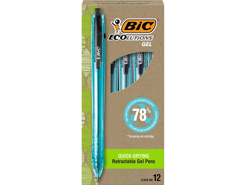 BIC ECOlutions Retractable Gel Pen, Medium Point, 1.0 mm, Black Ink, 12/Pack (RGLE11-BLK)