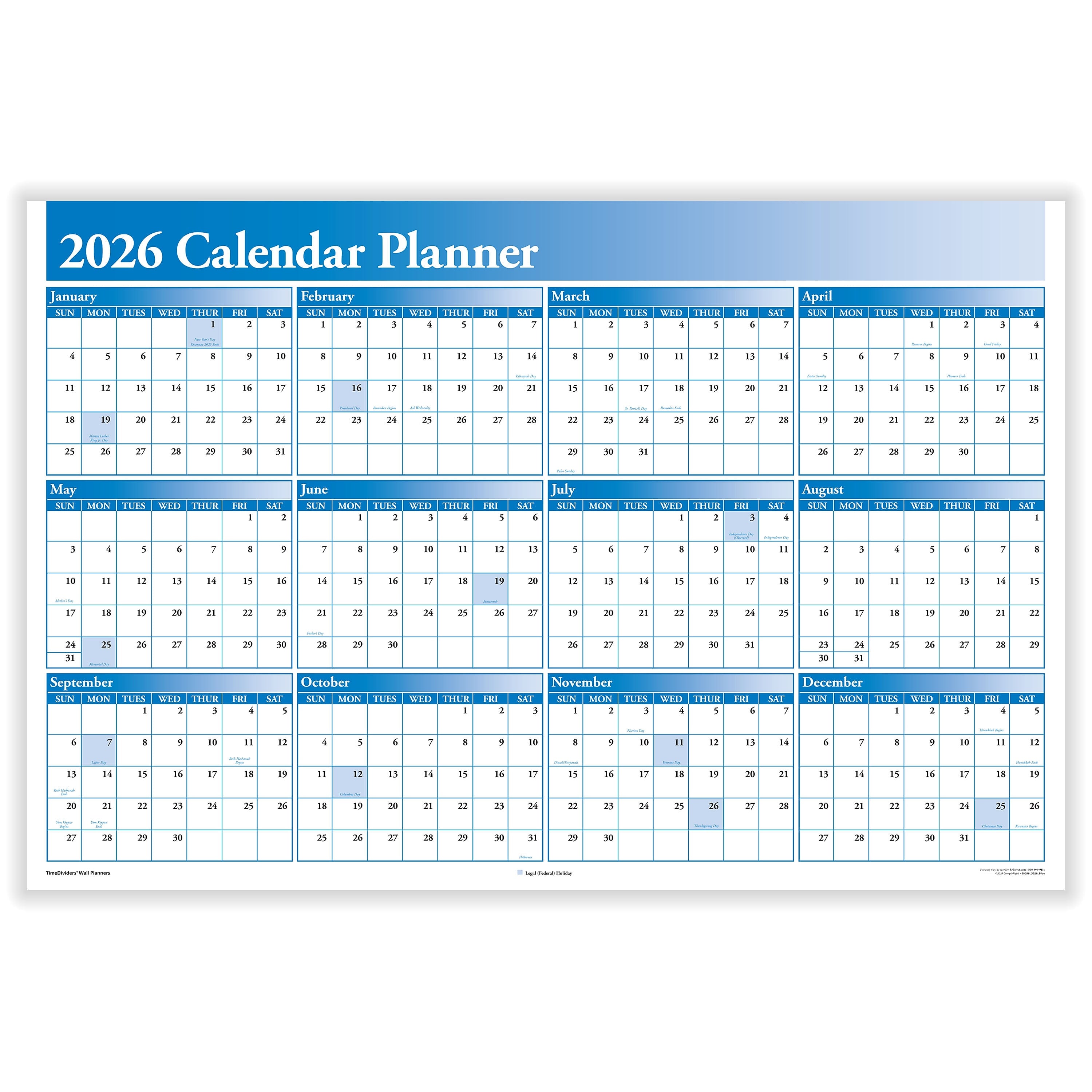 2026 ComplyRight Full Calendar Planner 36" x 24" Yearly Dry Erase Wall Calendar, Blue (J0056BL)