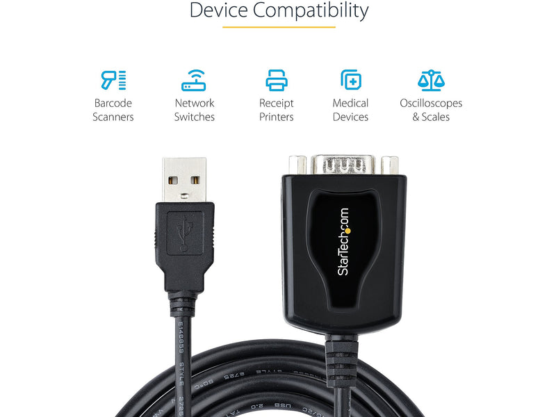 StarTech 3' USB-A to RS-232 Serial Adapter Cable, Male to Male, Black, Prolific Chip, COM Retention (1P3FPC-USB-SERIAL)