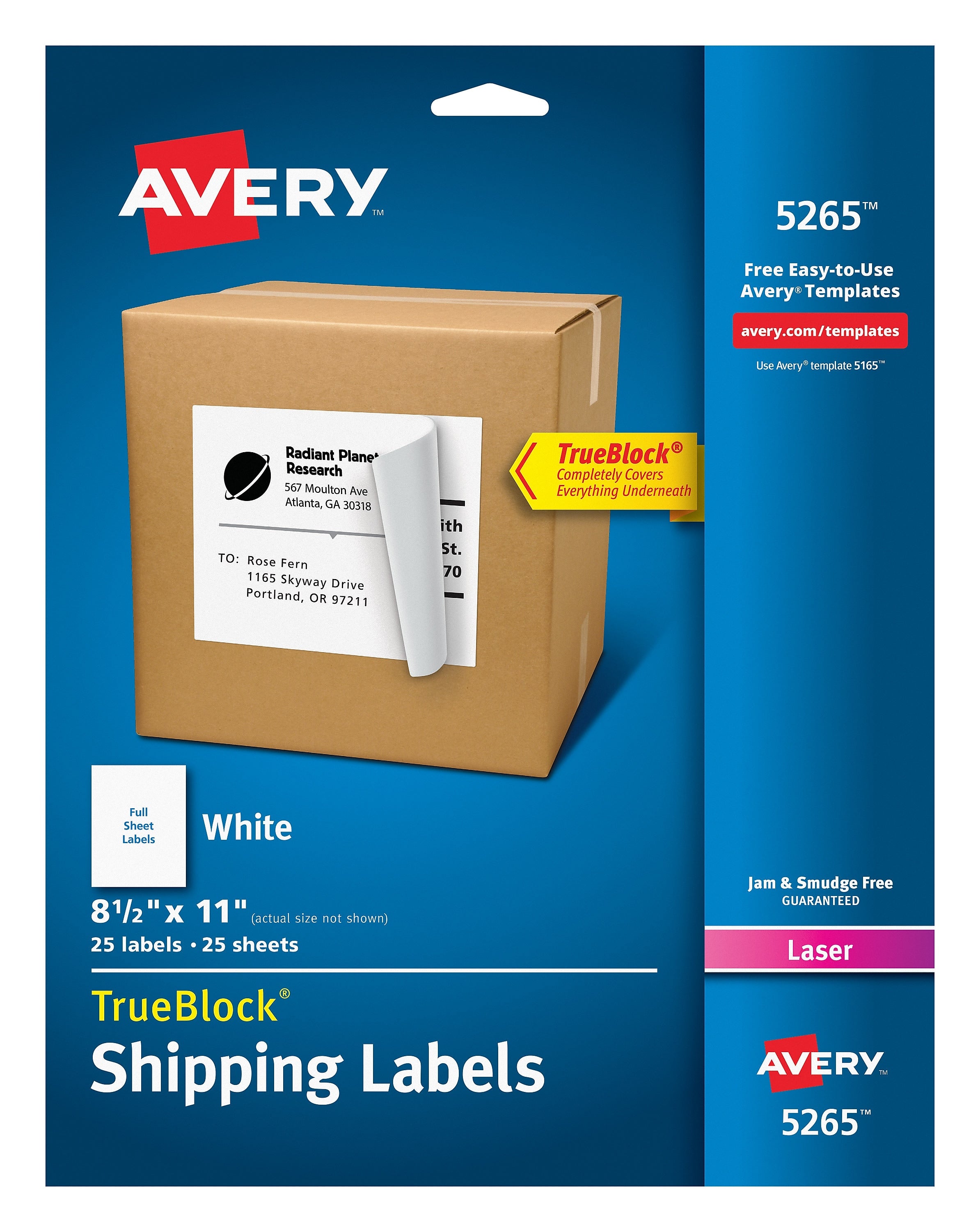 Avery TrueBlock Laser Shipping Labels, 8.5" x 11", Matte White, 25 Labels/Pack (5265)