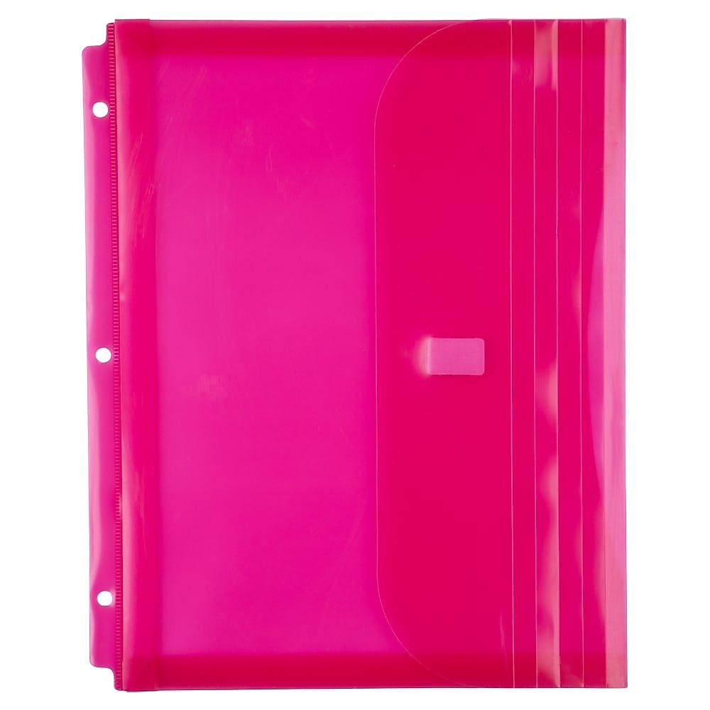 JAM Paper Plastic Binder Pocket, 3-Hole Punched, Pink, 3/Pack (218VB1PIX3)