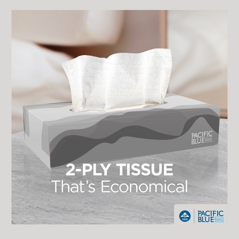 Pacific Blue Basic Facial Tissue, 2-ply, 100 Tissues/Box, 30 Boxes/Pack (47410)