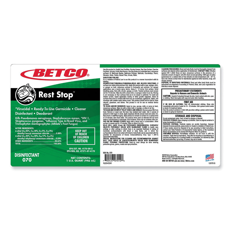 Betco Rest Stop Non-Acid Bowl and Restroom Cleaner, Floral Fresh Scent, 32 oz Bottle, 12/Carton