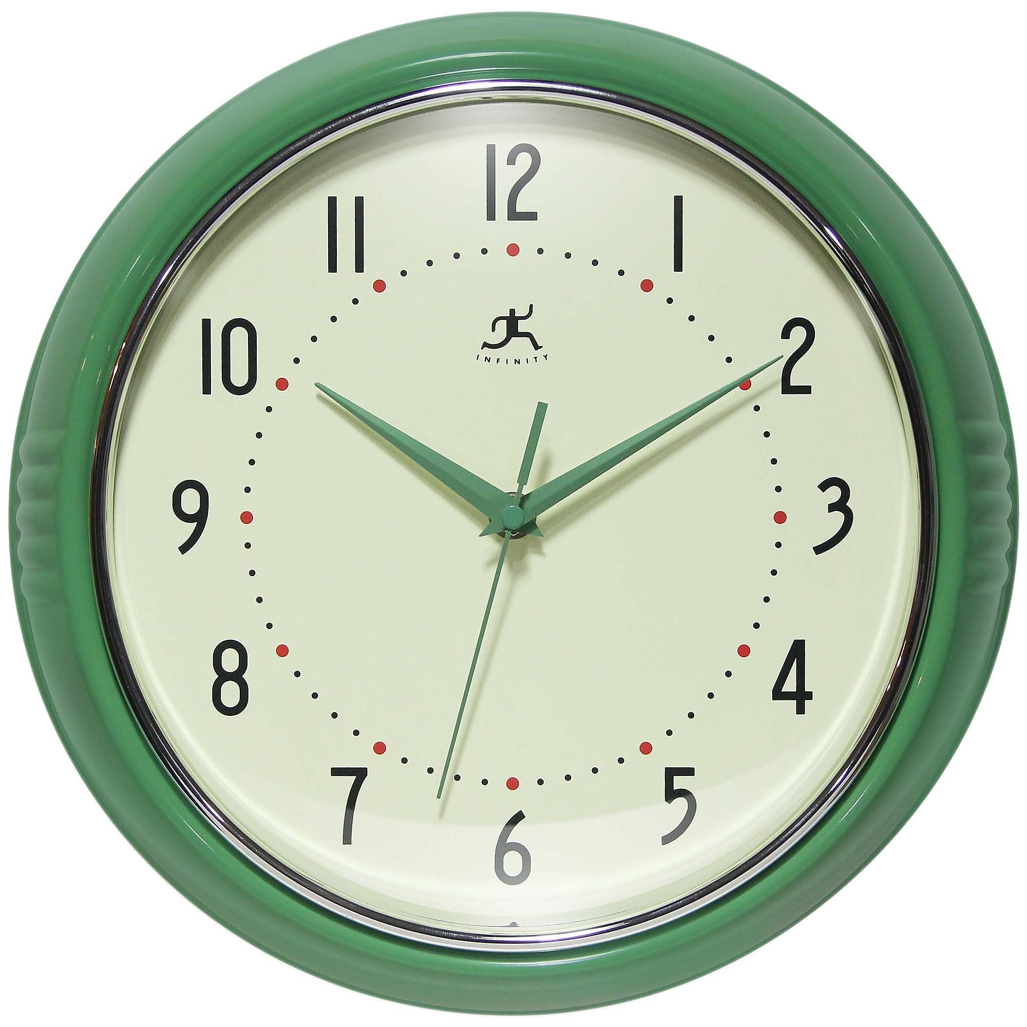 Infinity Instruments Round Retro Green Wall Clock, Aluminum, 12" (10940GR-12)
