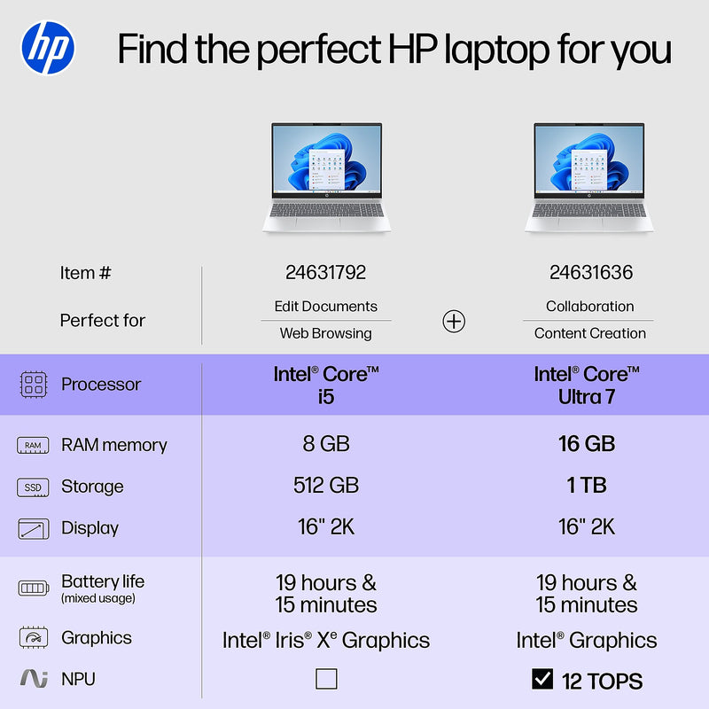 HP OmniBook 5 16" 2K AI Laptop, Intel Core Ultra 7 255U, 16GB RAM, 1TB SSD, +19.25 hours battery, Windows 11 Home