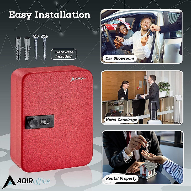 AdirOffice 30-Key Cabinet with Combination Lock and Key Tags, Red (682-30-RED-689-PKG)