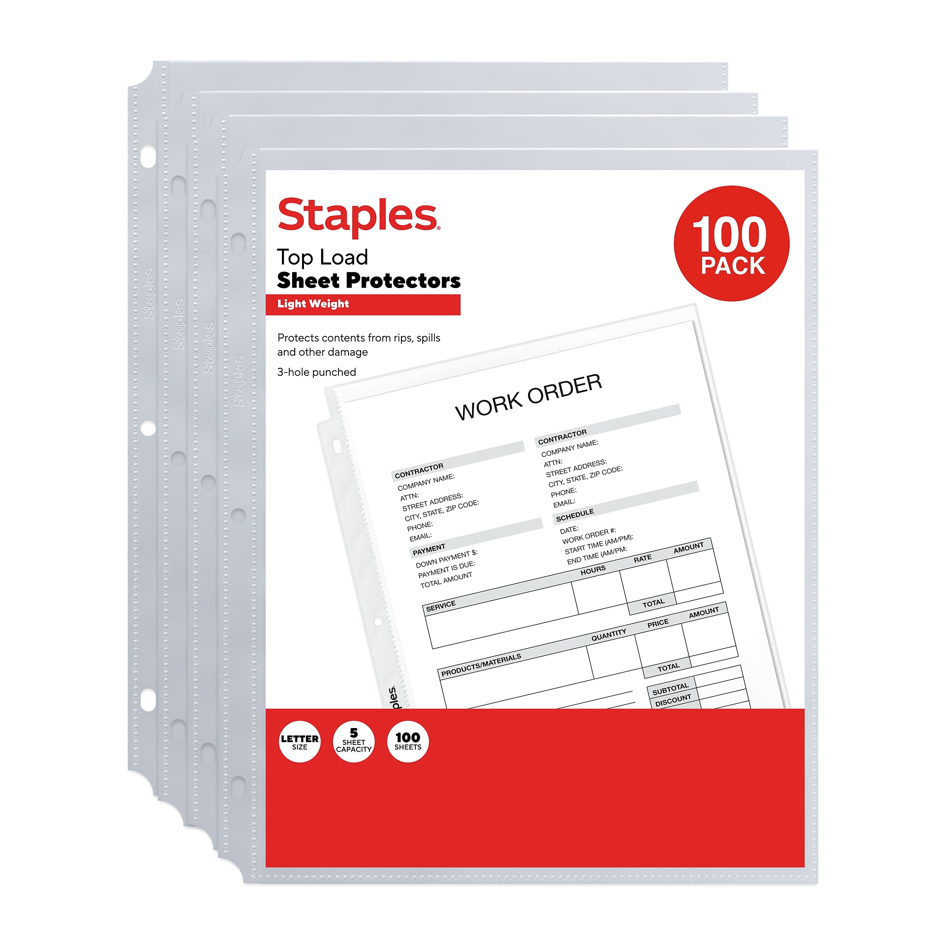 Staples Lightweight Sheet Protector, 8.5" x 11", Clear, 100/Pack (ST63080)