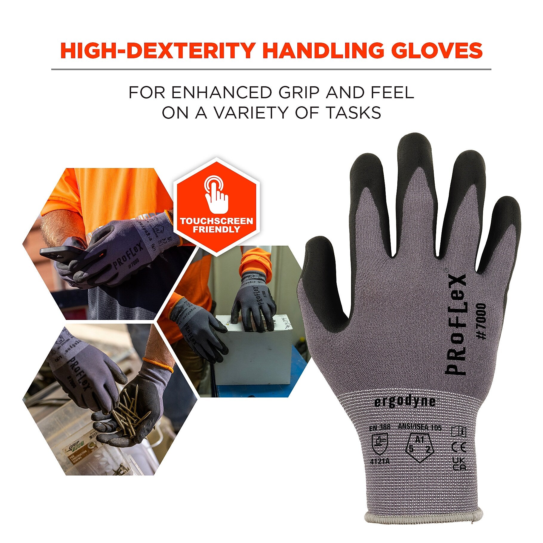 Ergodyne ProFlex 7000 Nitrile Coated Gloves, Microfoam Palm, ANSI Level 5 Abrasion Resistance, Gray, Large, 1 Pair (10374)