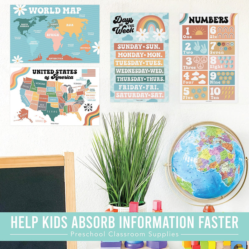 Hadley Designs 17" x 11" Retro Boho Preschool Educational Posters For Toddlers, Laminated, 16/Set (HDDX004ACFGE5)