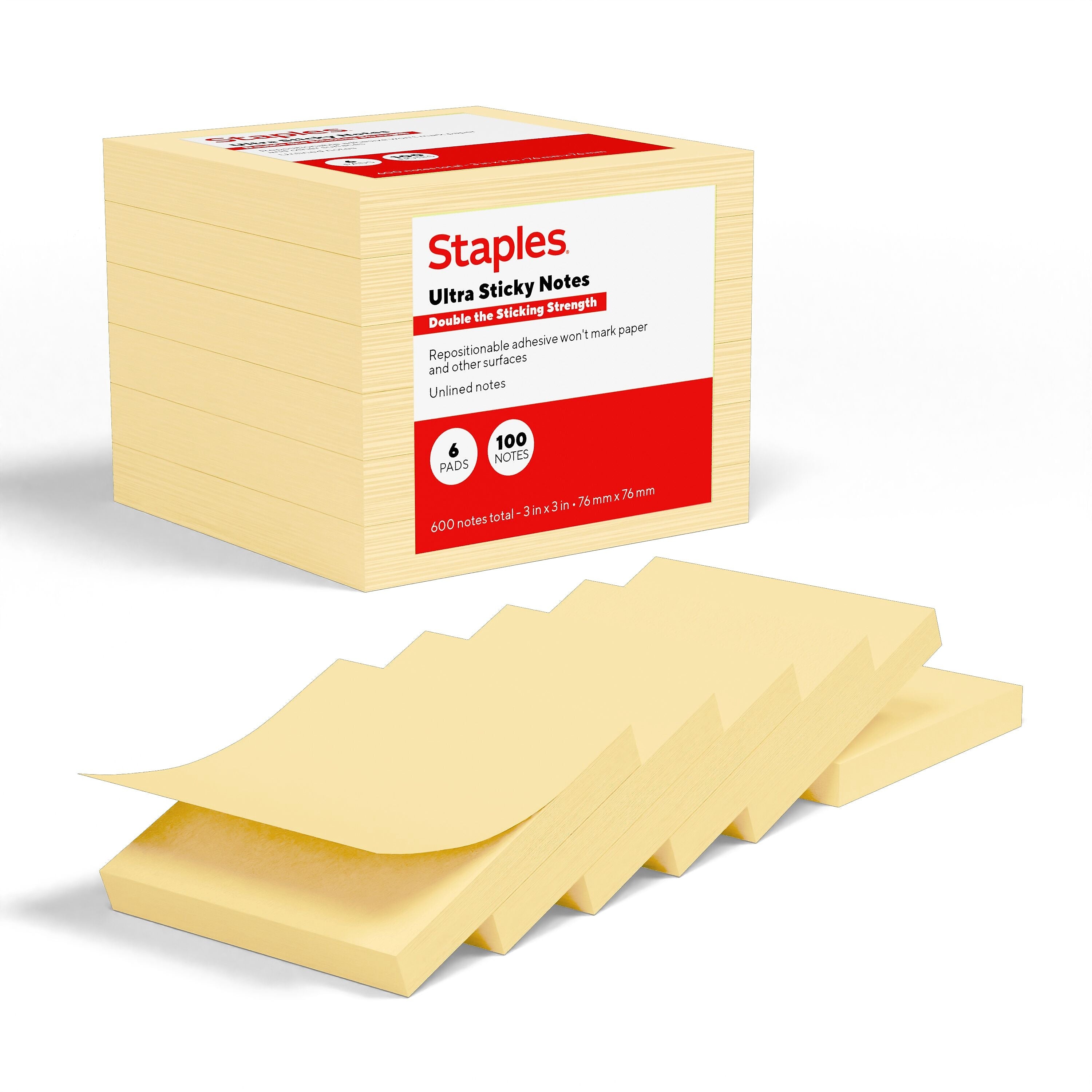 Staples Ultra Sticky Notes, 3" x 3", Sunshine Collection, 100 Sheets/Pad, 6 Pads/Pack (ST62889)