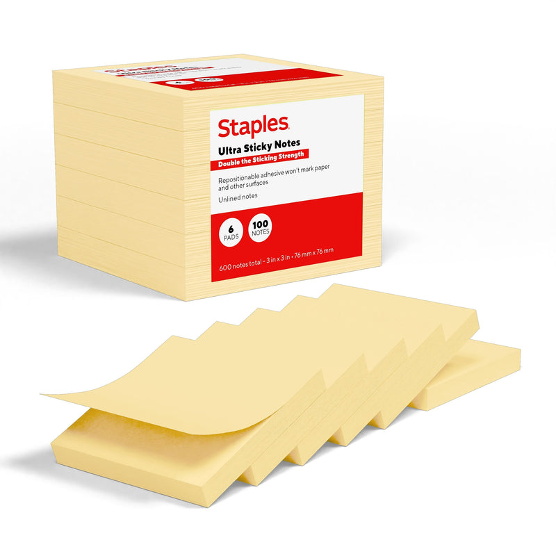 Staples Ultra Sticky Notes, 3" x 3", Sunshine Collection, 100 Sheets/Pad, 6 Pads/Pack (ST62889)