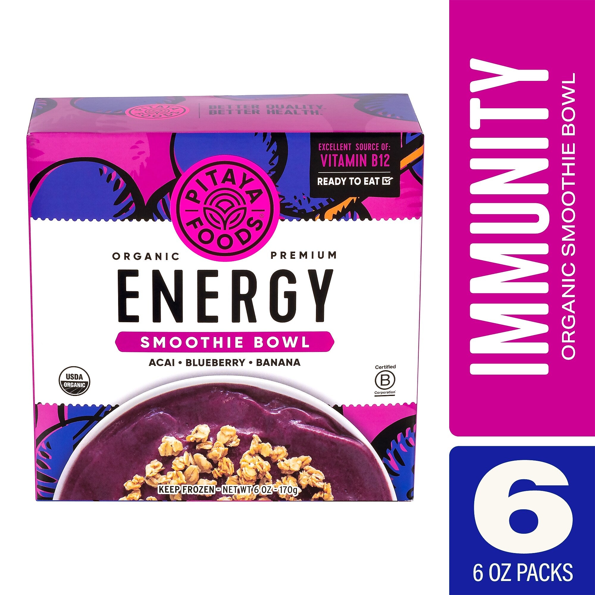 Pitaya Foods Organic Acai, Blueberry & Banana Acai Bowl, Energy, 6 oz, 6/Pack (220-02481)