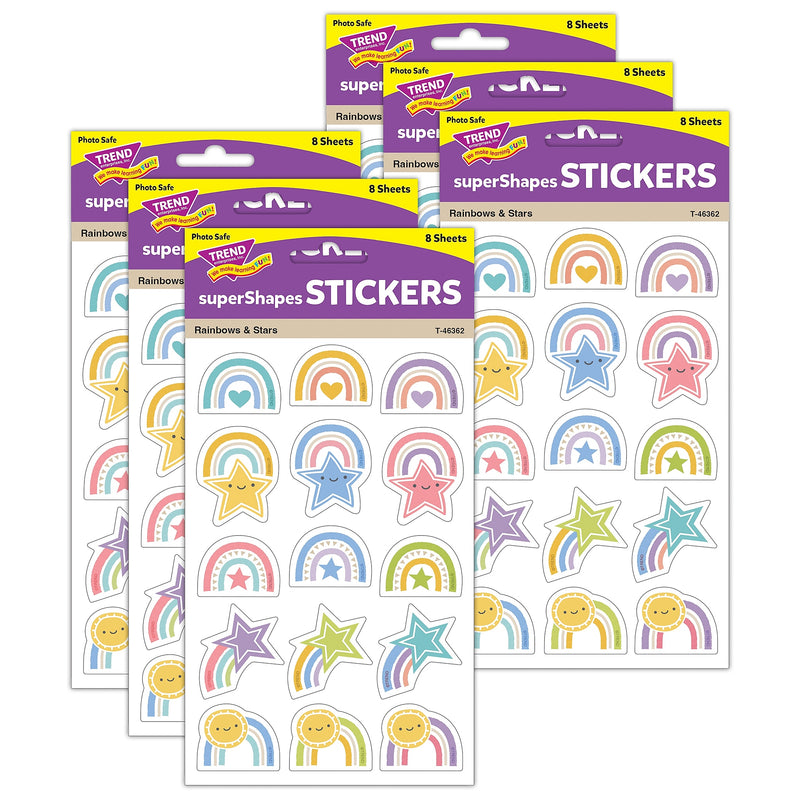Trend Enterprises Rainbows & Stars Large superShapes Stickers, Assorted Colors, 120/Pack, 6 Packs/Bundle (T-46362-6)