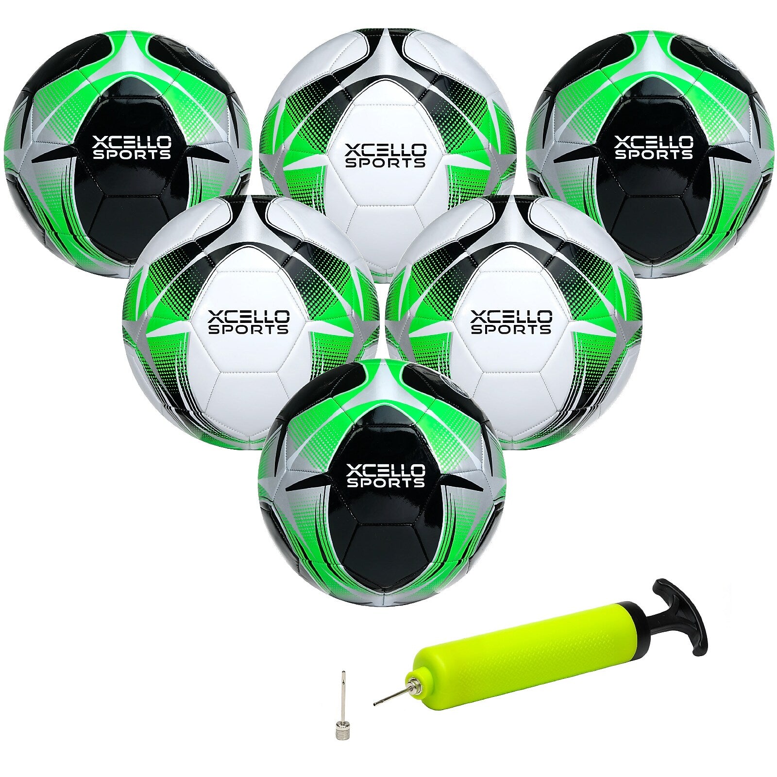 Xcello Sports Size 3 Soccer Balls with Pump, Black/Green/Silver and White/Green/Silver, 6/Pack (SB-S3-6-ASST-7)