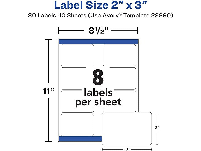 Avery Sure Feed Laser/Inkjet Rectangle Labels, 2" x 3", Glossy White, 80 Labels/Pack (22890)
