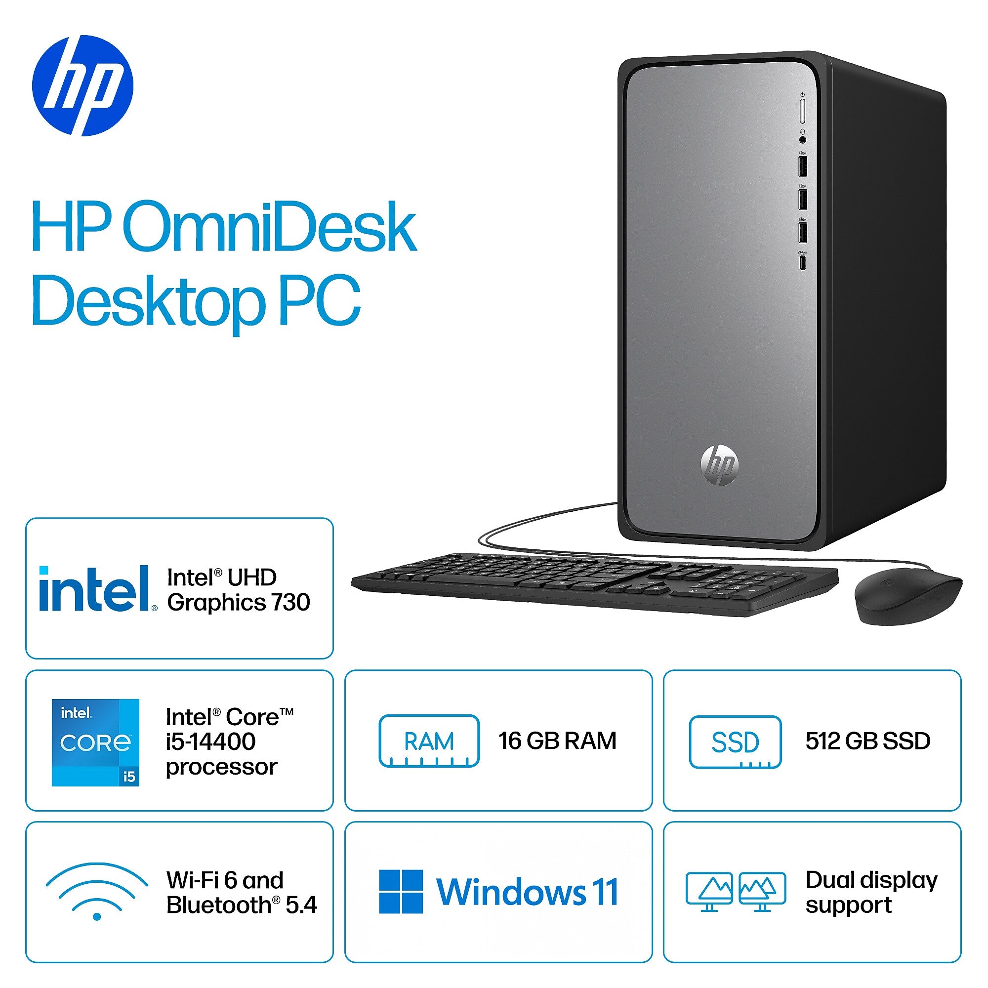 HP OmniDesk Desktop Computer, Intel Core i5-14400, 16GB RAM,  512GB SSD, Windows 11 Home, Mouse/Keyboard Included
