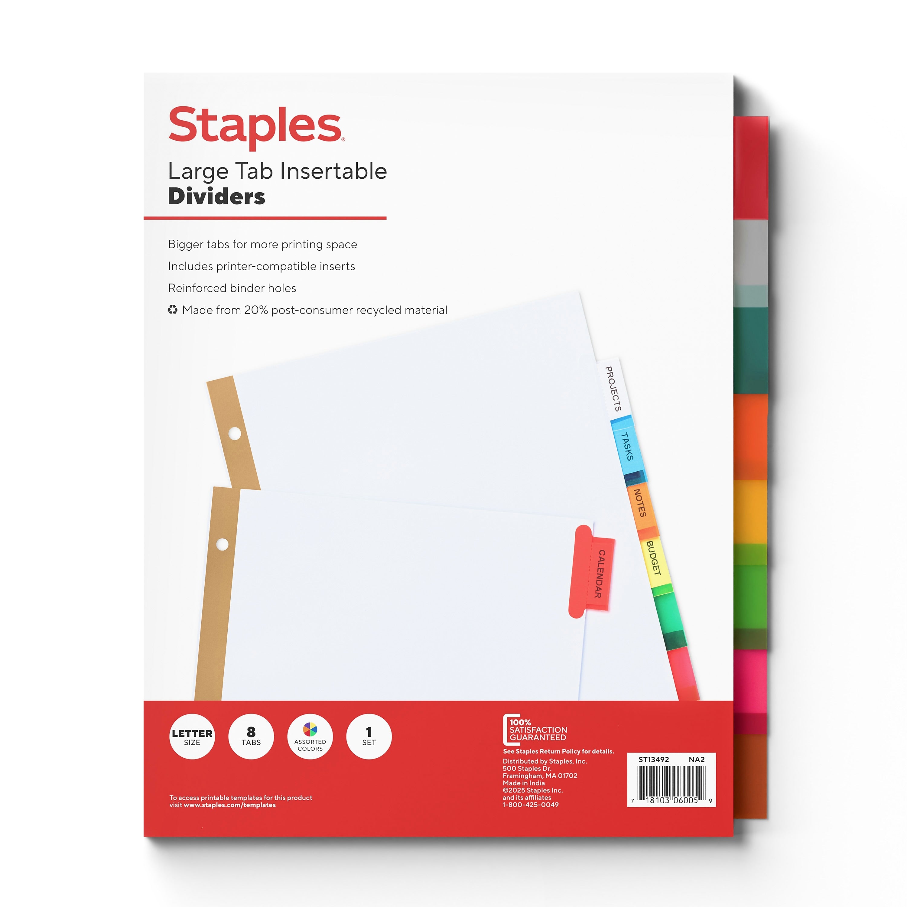 Staples Large Tab Insertable Paper Dividers, Assorted Colors, 8-Tabs (13492/11123)