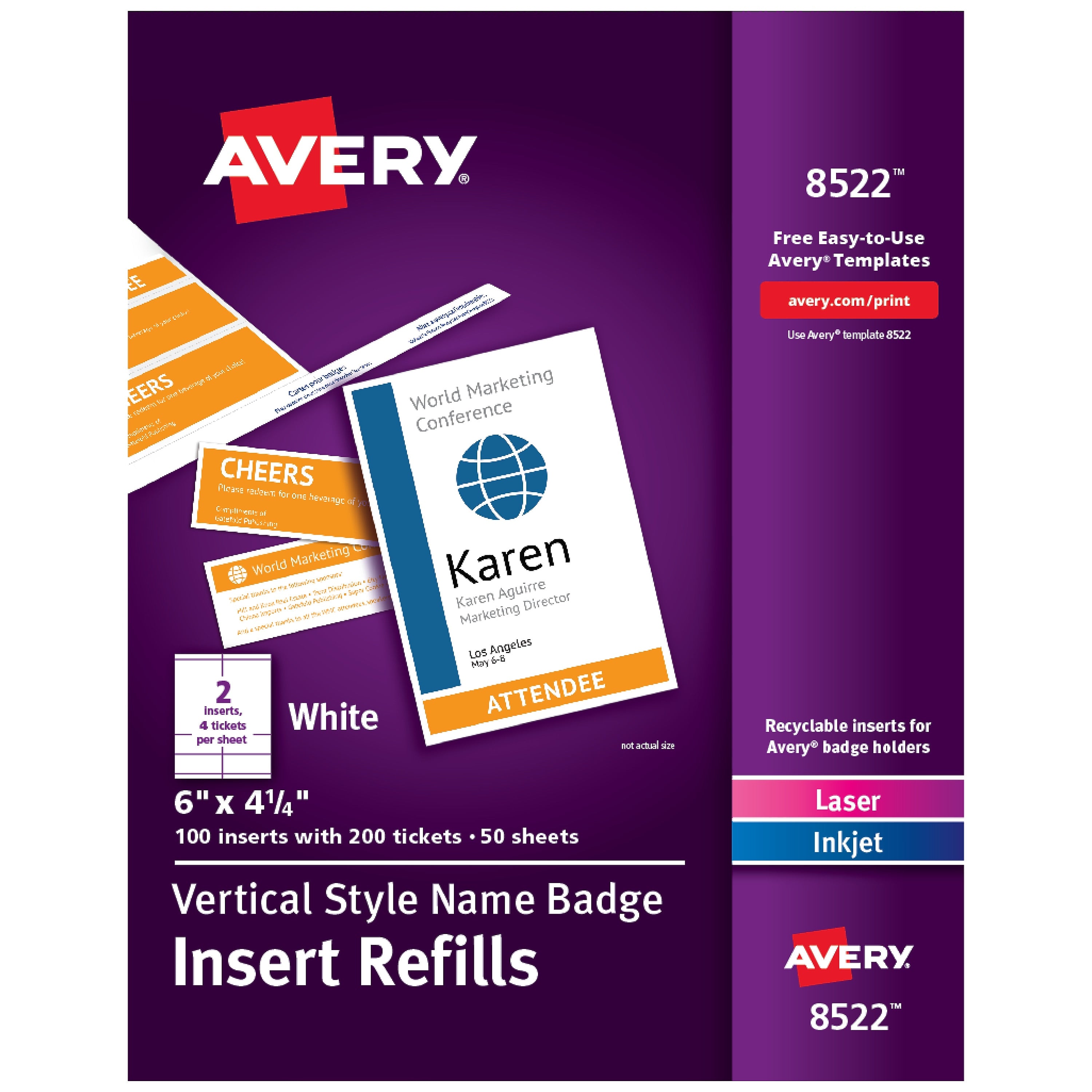 Avery Vertical Style Laser/Inkjet Name Badge & Ticket Inserts, 6" x 4 1/4", White, 100 Inserts Per Box (8522)