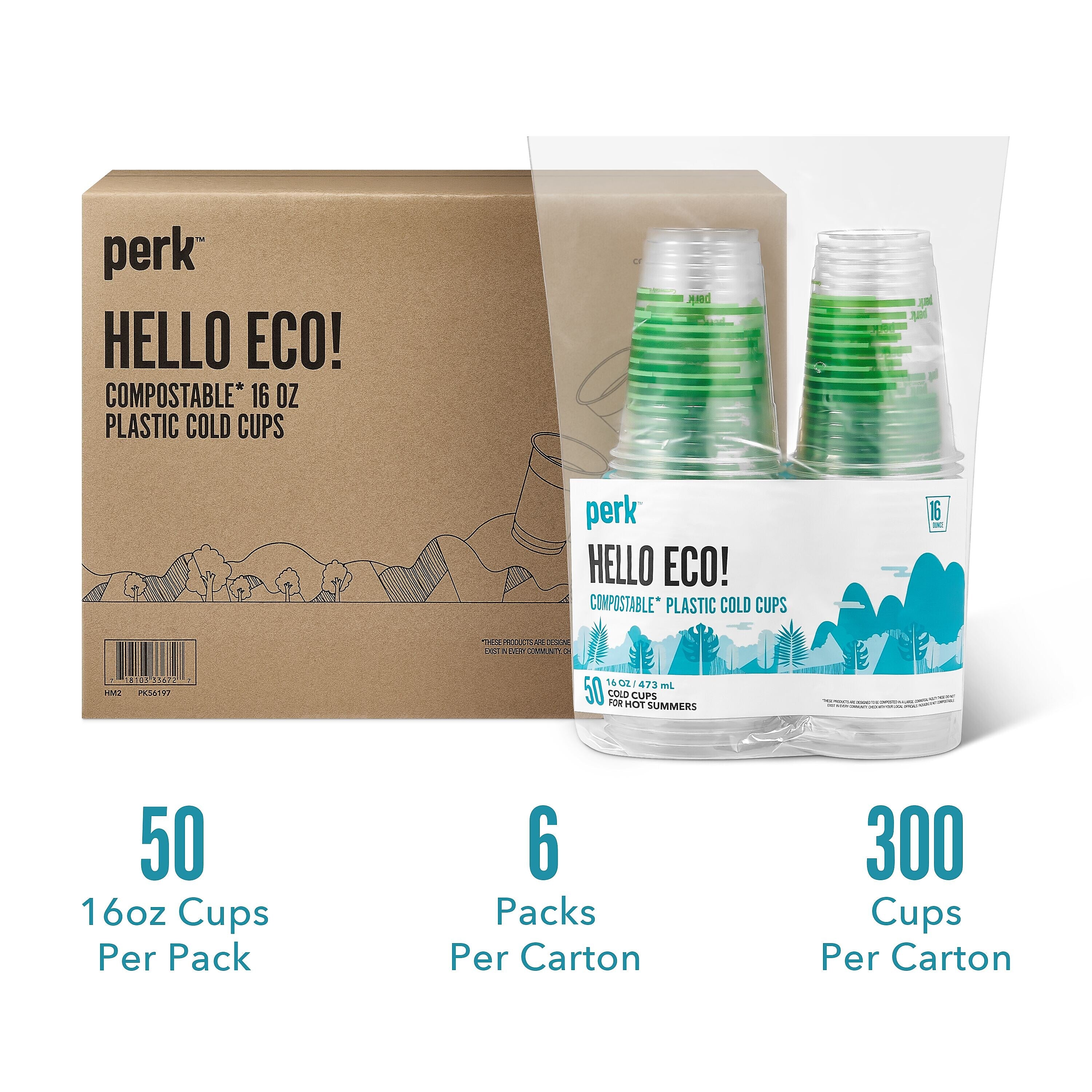 Perk™ Eco Compostable Plastic Cold Cup, 16 Oz., Clear/Green, 300/Carton (PK56197)