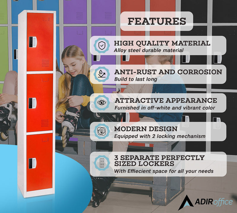 AdirOffice 72"H 3-Tier Red Storage Locker (ADI629-203-RED-DL)