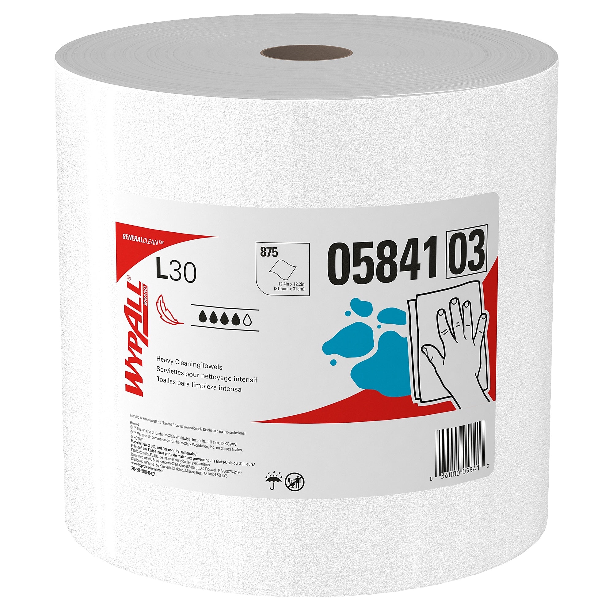 WypAll GeneralClean L30 Fabric Cleaning Wipers, 13.3" x 12.4", White, 875 Sheets/Roll, 875 Wipers/Box (5841)