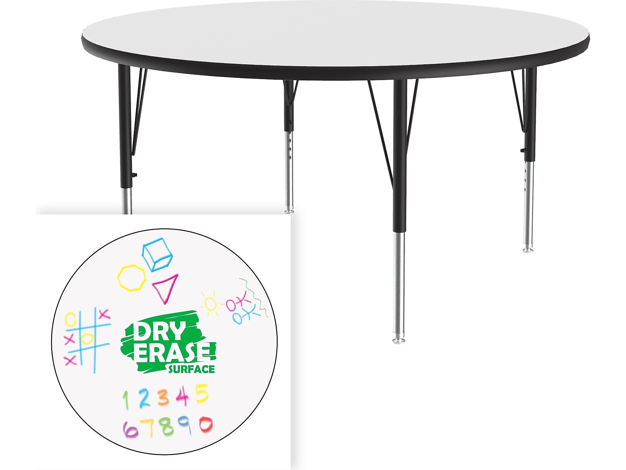 Correll 48" Round Activity Table, Height-Adjustable, Frosty White/Black (A48DE-RND-80)