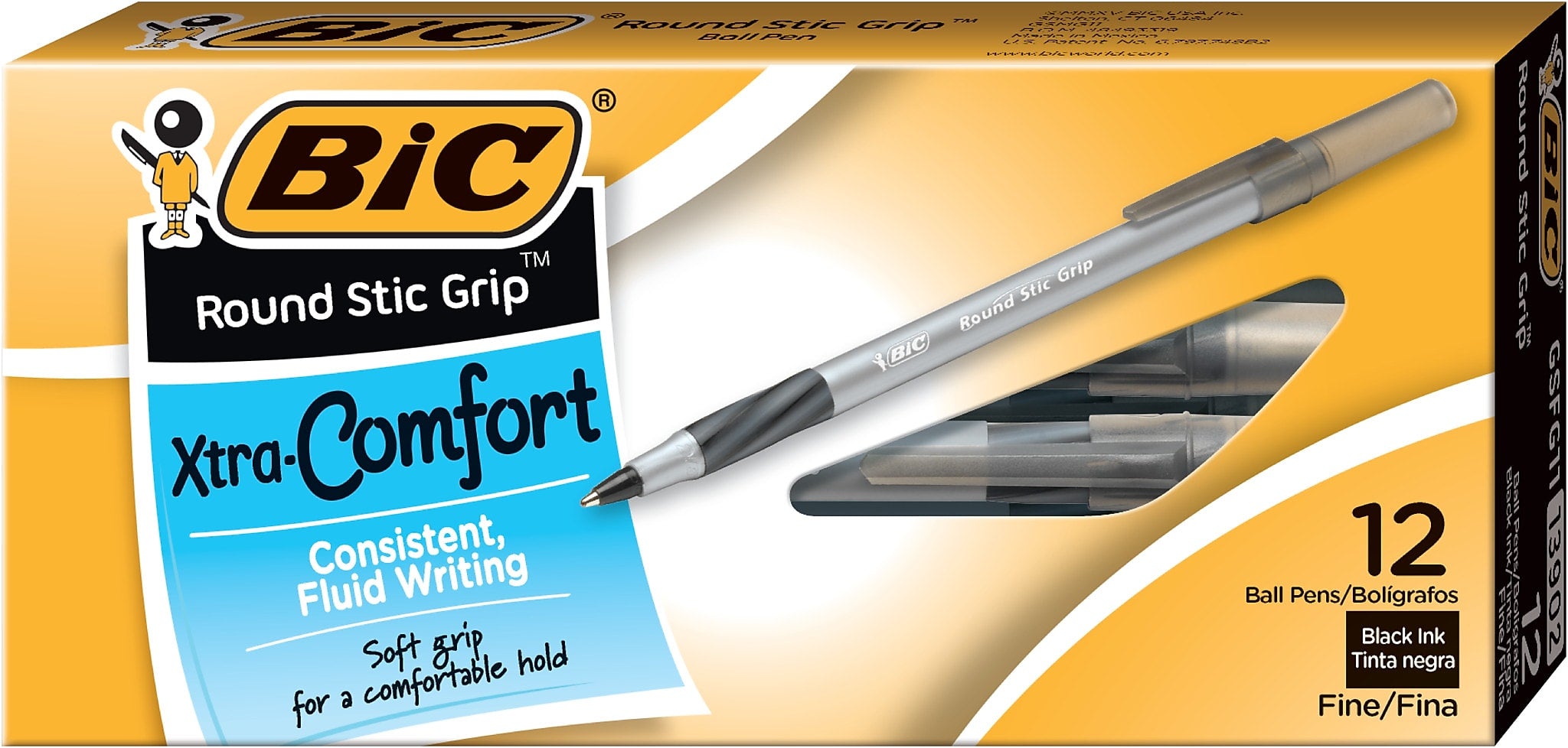 BIC Round Stic Grip Xtra Comfort Ballpoint Pens, Fine Point, 0.8mm, Black Ink, Dozen (13902)