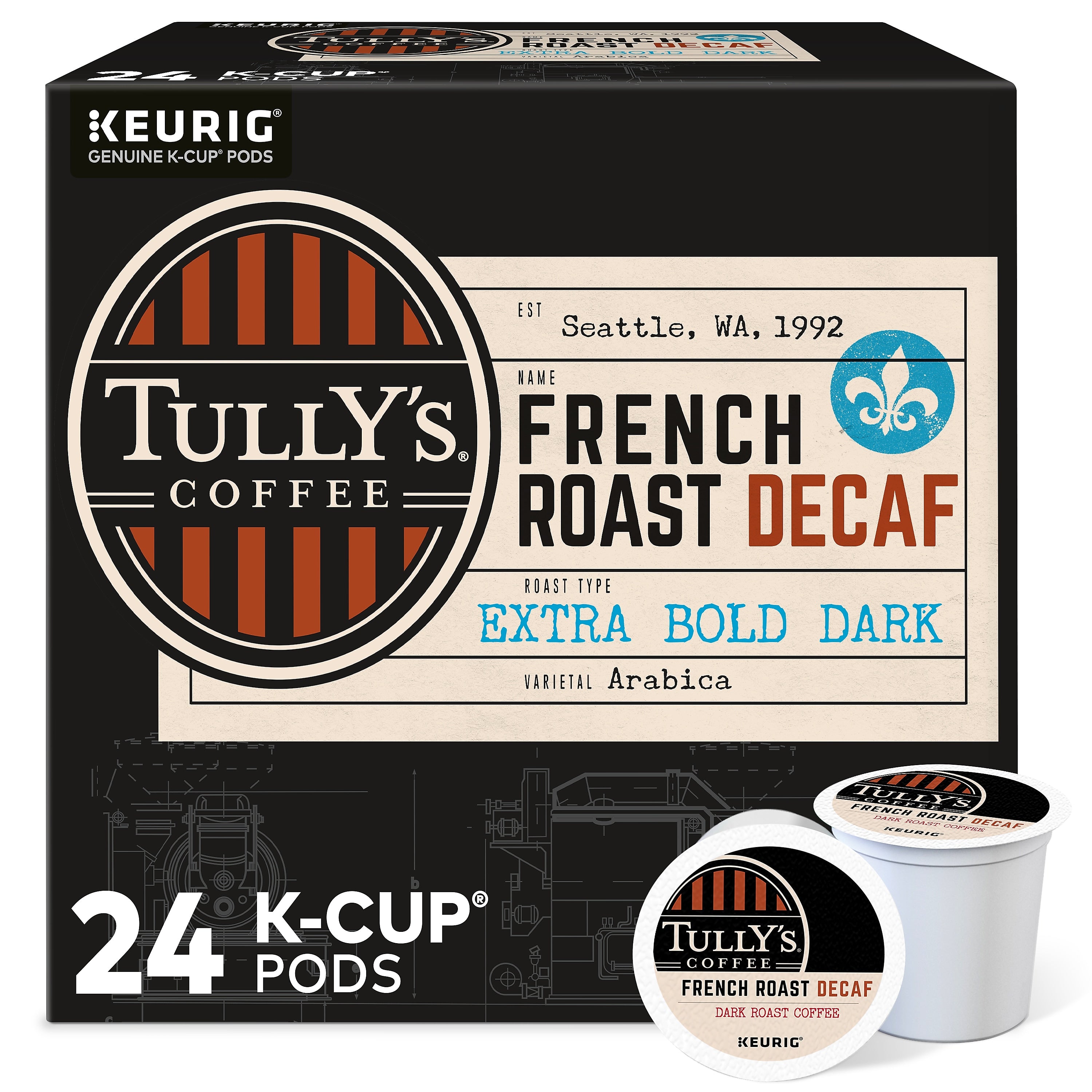 Tully's French Roast Decaf Coffee Keurig® K-Cup® Pods, Dark Roast, 24/Box (192419)