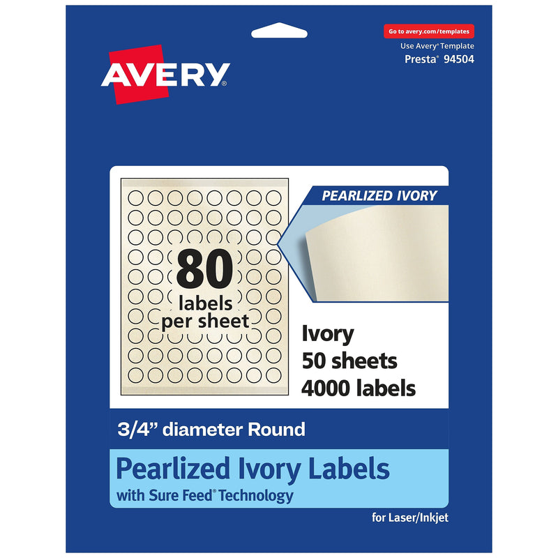 Avery Laser/Inkjet Round Multipurpose Labels, 0.75" Dia., Ivory, 4000 Labels/Box (94504)