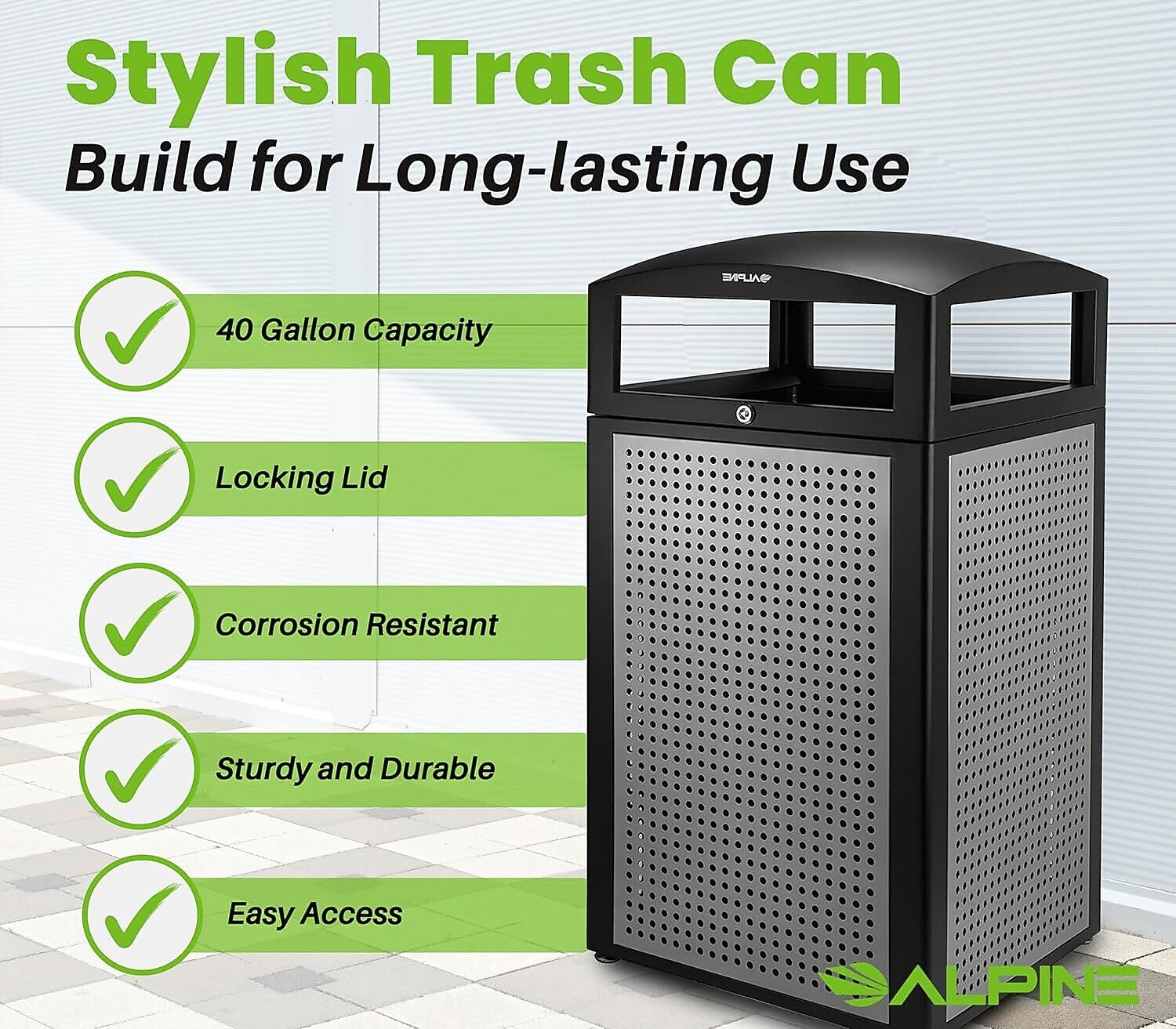 Alpine Industries Steel Outdoor Trash Can with Dome Lid, 40 Gallon, Silver, 2/Pack (ALP471-40-SIL-2PK)
