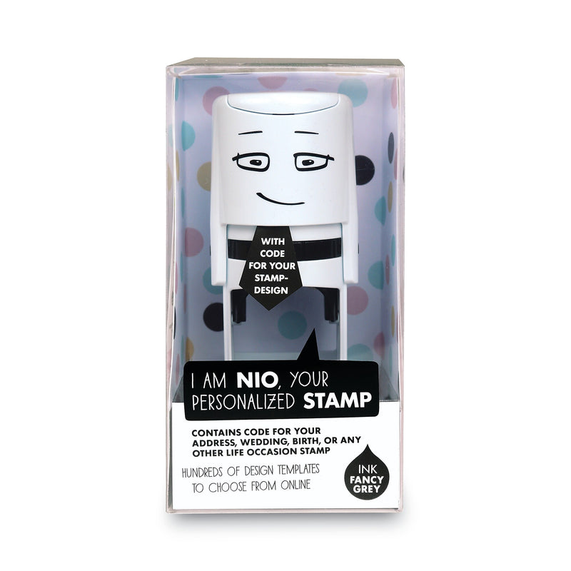 NIO® Stamp with Voucher and Fancy Gray Ink Pad, Self-Inking, 1.56" Diameter