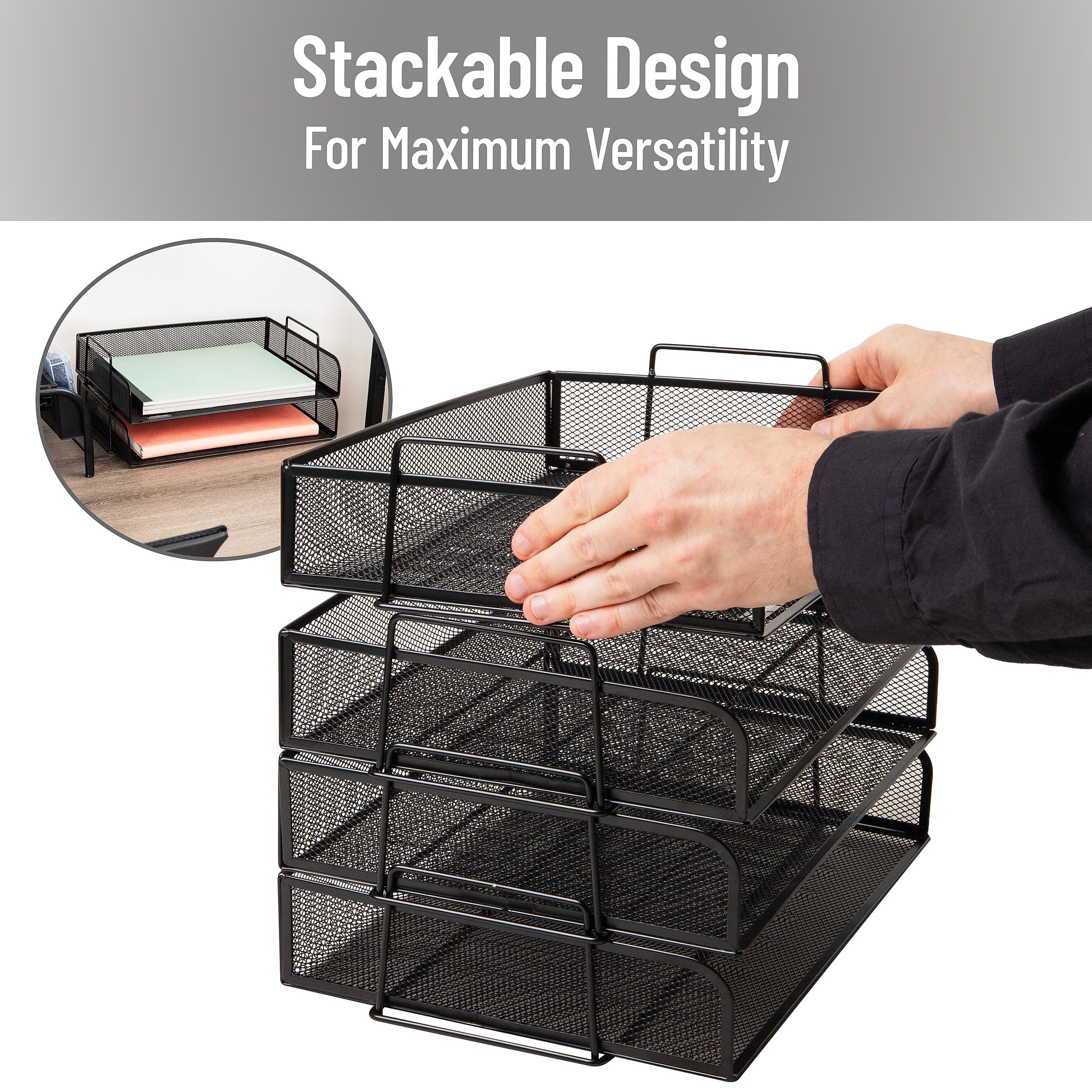 Mind Reader Metal Side Loading Stackable Letter Tray, Letter Size, Black (DSTACK4-BLK)
