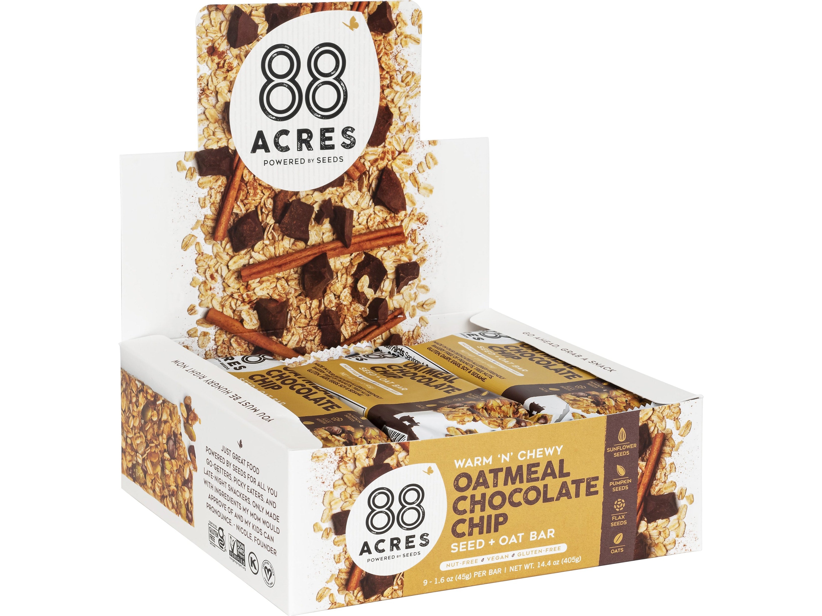 88 Acres Warm 'N' Chewy Gluten-Free Oatmeal/Chocolate Chip Seed and Oat Bar, 1.6 oz., 9 Bars/Box (315111)