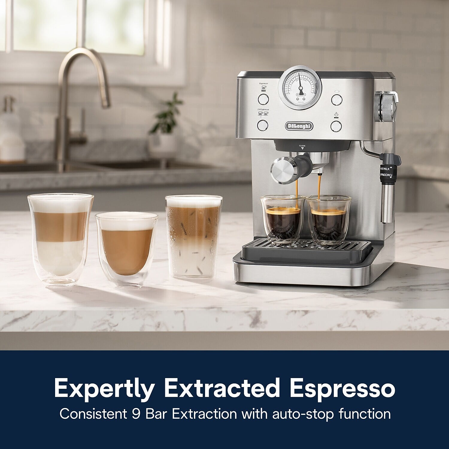 DeLonghi Linea Classic 2-Cups Automatic Espresso Machine, Stainless Steel (EM450M)