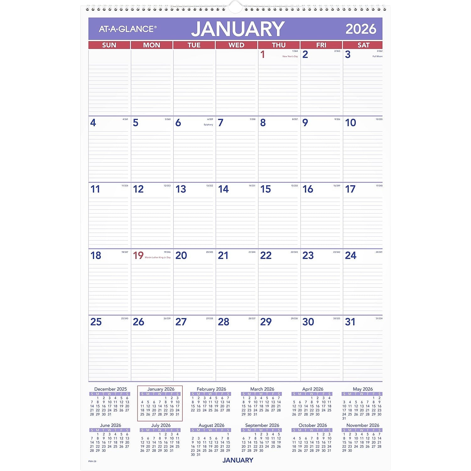 2026 AT-A-GLANCE 20" x 30" Monthly Wall Calendar, White/Purple (PM4-28-26)
