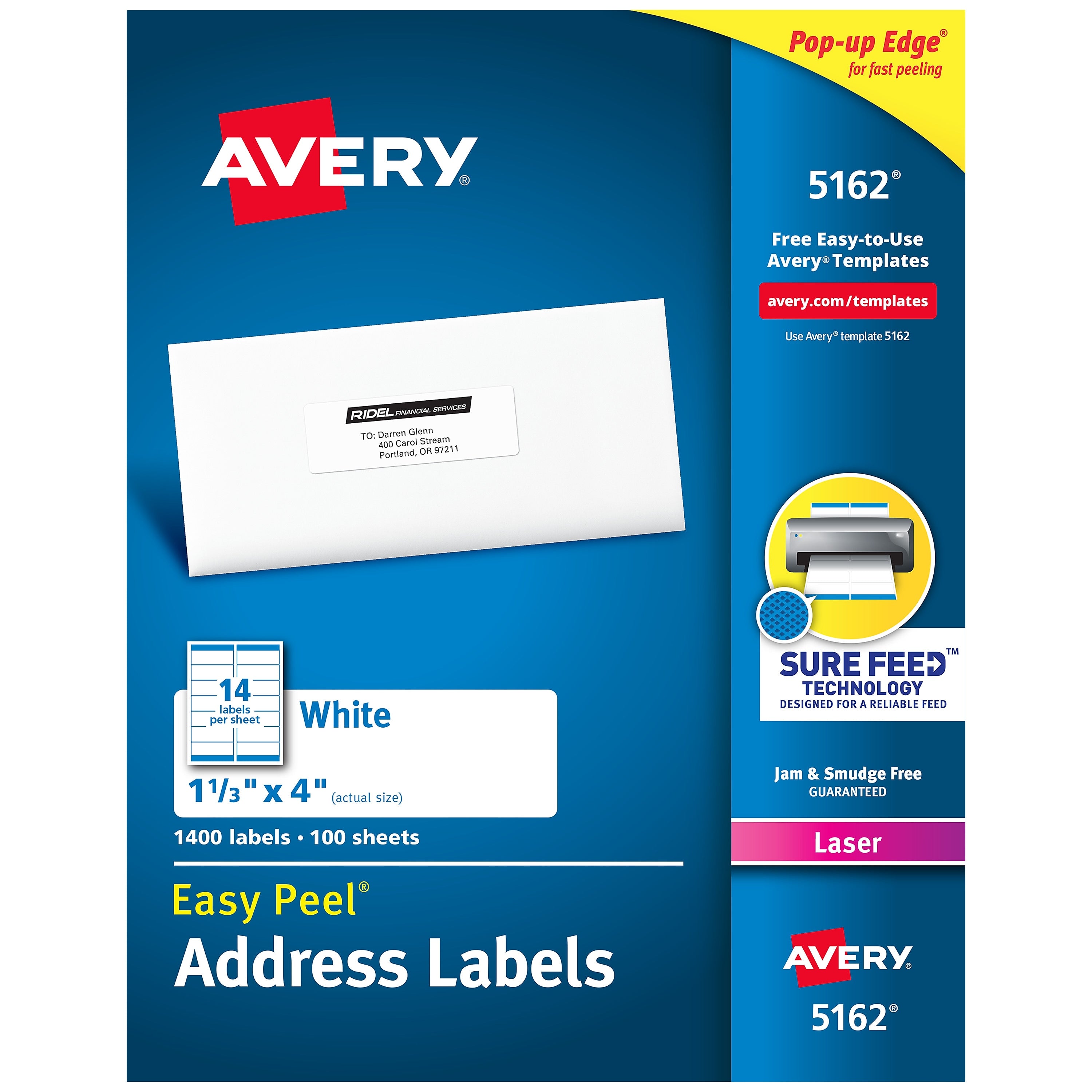 Avery Easy Peel Laser Address Labels, 1-1/3" x 4", White, 1,400 Labels/Box (5162)