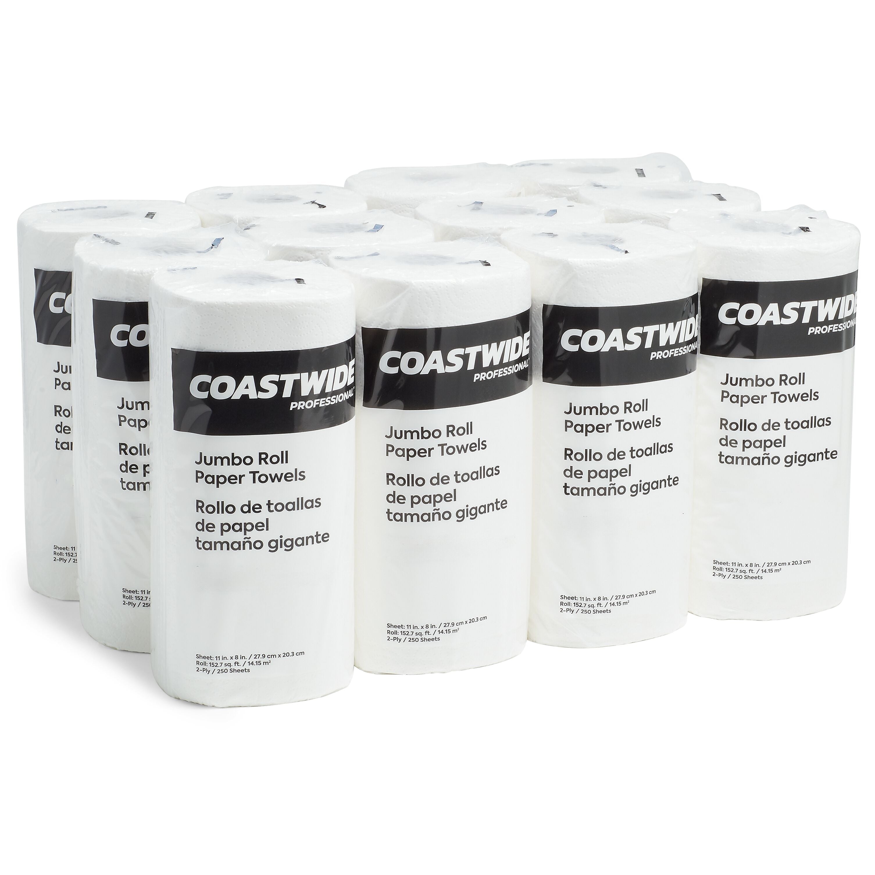 Coastwide Professional Jumbo Kitchen Rolls Paper Towel, 2-Ply, White, 250 Sheets/Roll, 12 Rolls/Carton (CW21806)