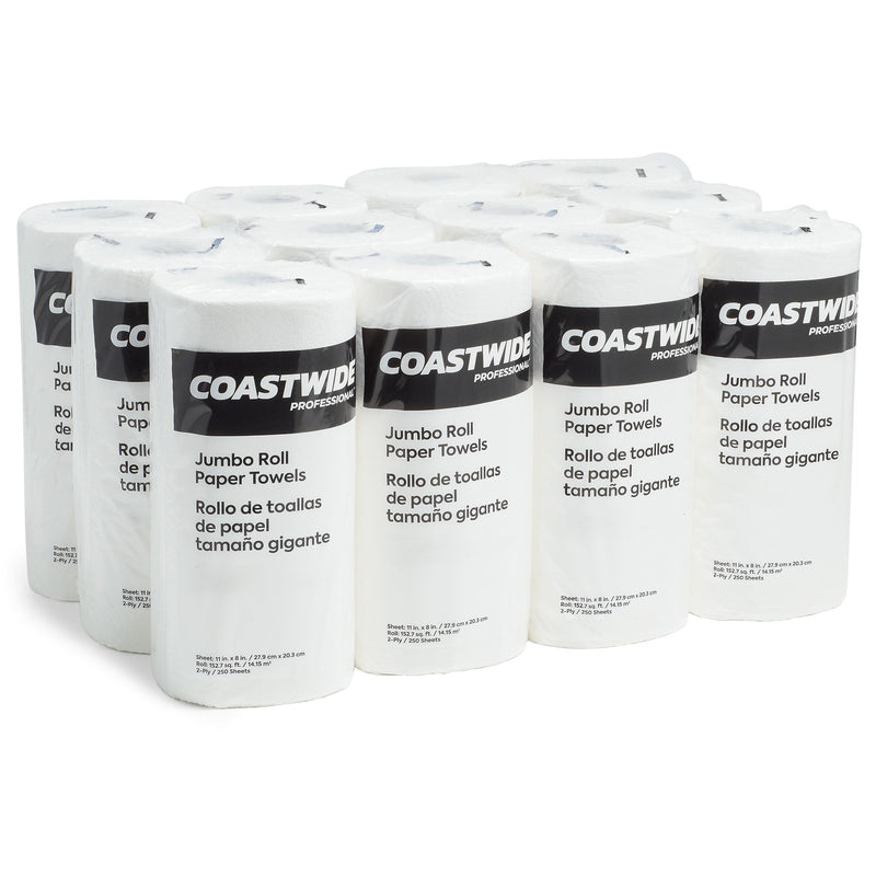 Coastwide Professional Jumbo Kitchen Rolls Paper Towel, 2-Ply, White, 250 Sheets/Roll, 12 Rolls/Carton (CW21806)