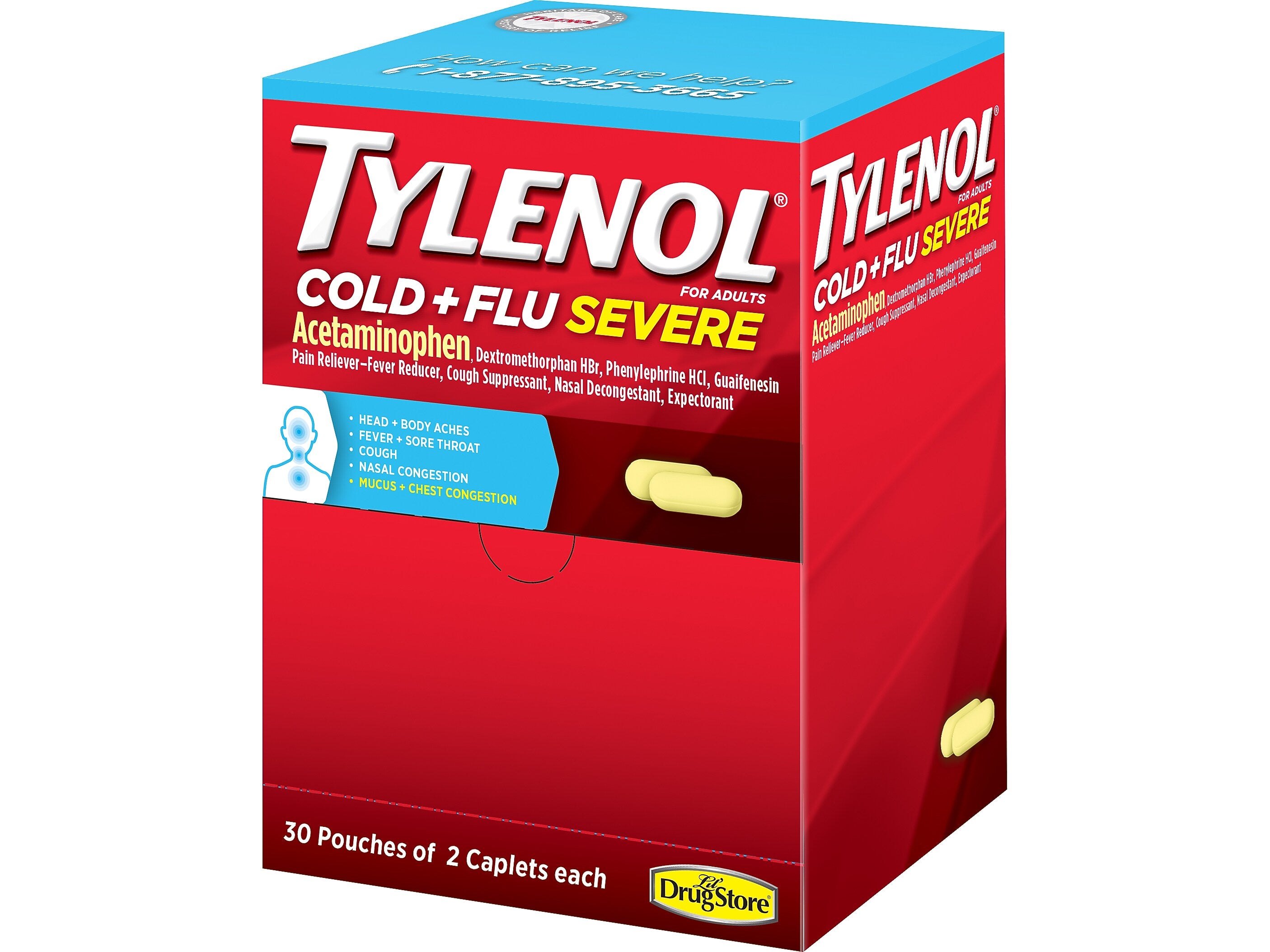 Tylenol Cold + Flu Severe Caplets, 2/Pouch, 30 Pouches/Box (64568)