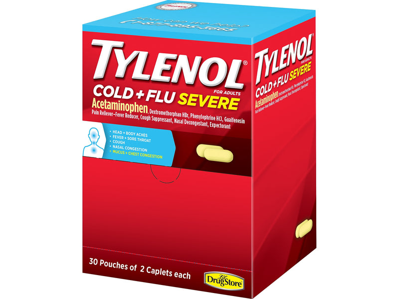 Tylenol Cold + Flu Severe Caplets, 2/Pouch, 30 Pouches/Box (64568)